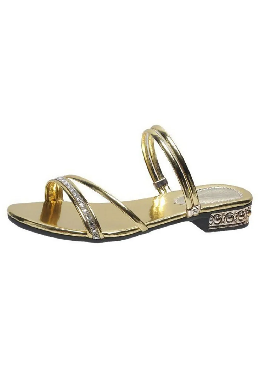 Black Strappy Rhinestones Low Block Heel Sandal