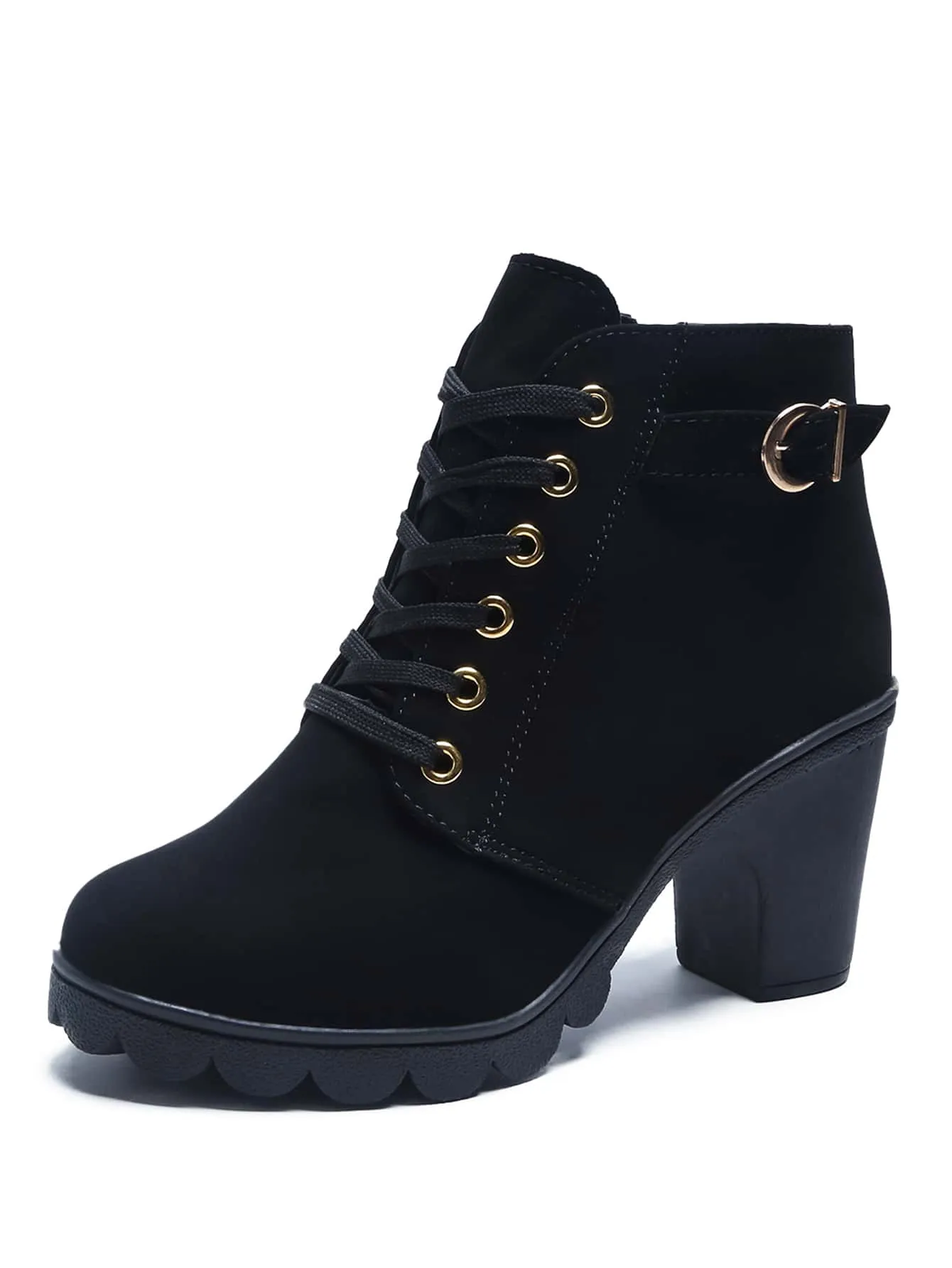 Buckle Detail Side Zip Chunky Heeled Combat Boots