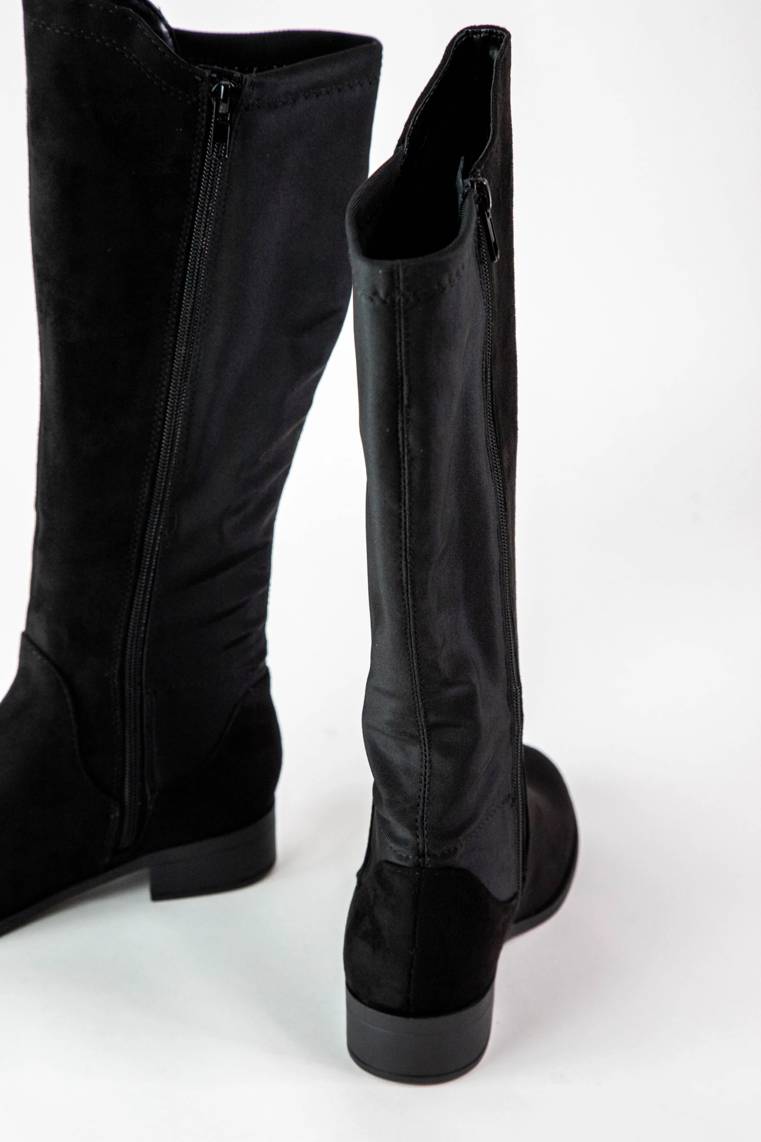 Cheese Stretch Back Tall Boot, Black Faux Suede