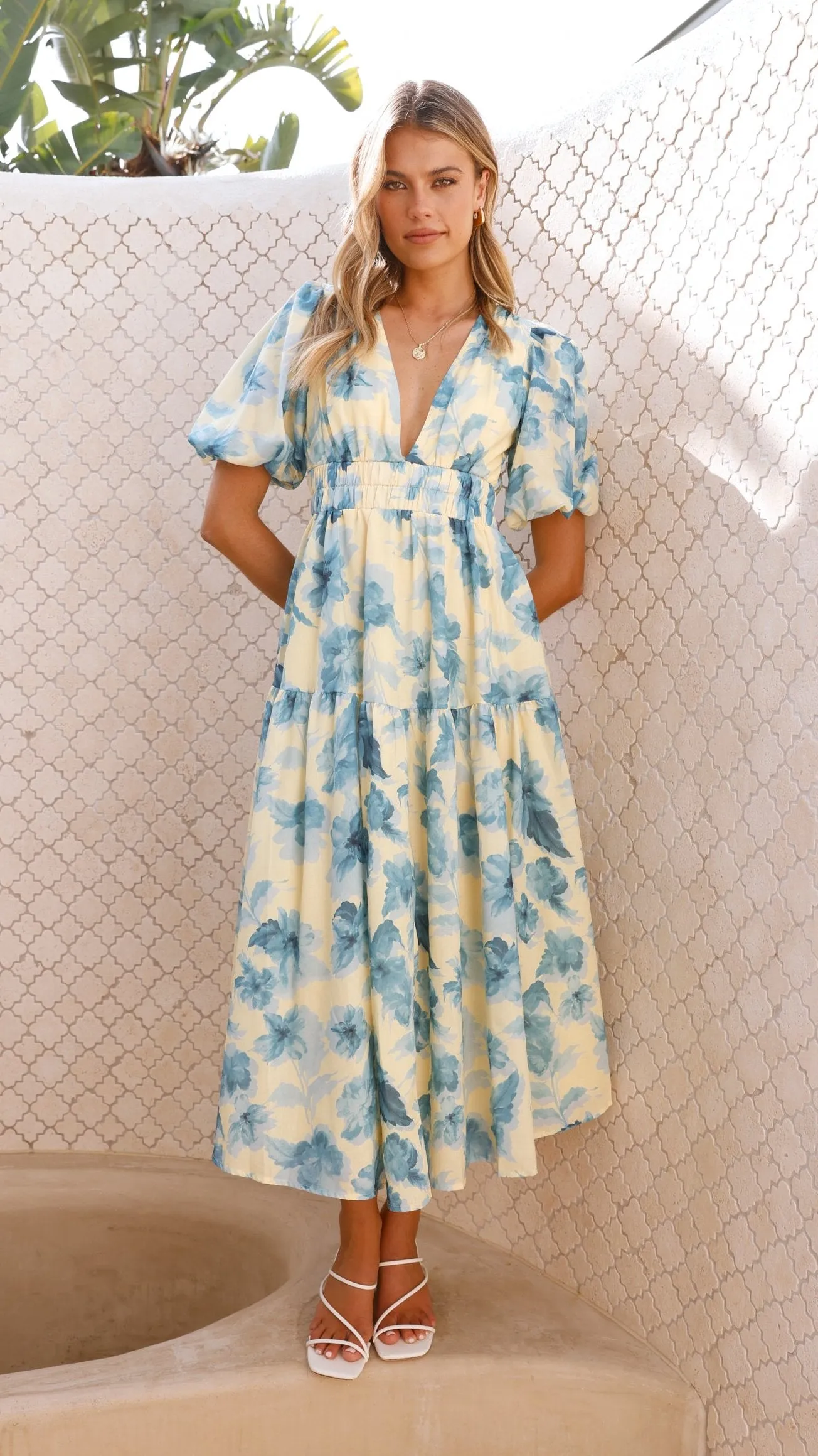 Erin Midi Dress - Yellow / Blue Floral