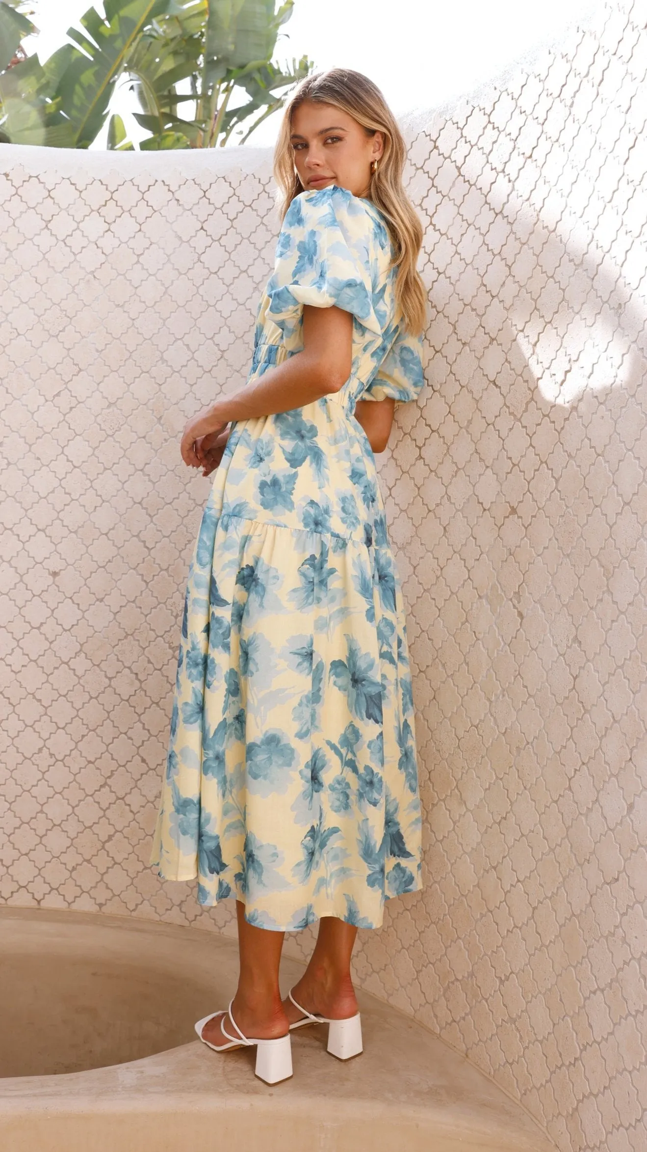 Erin Midi Dress - Yellow / Blue Floral