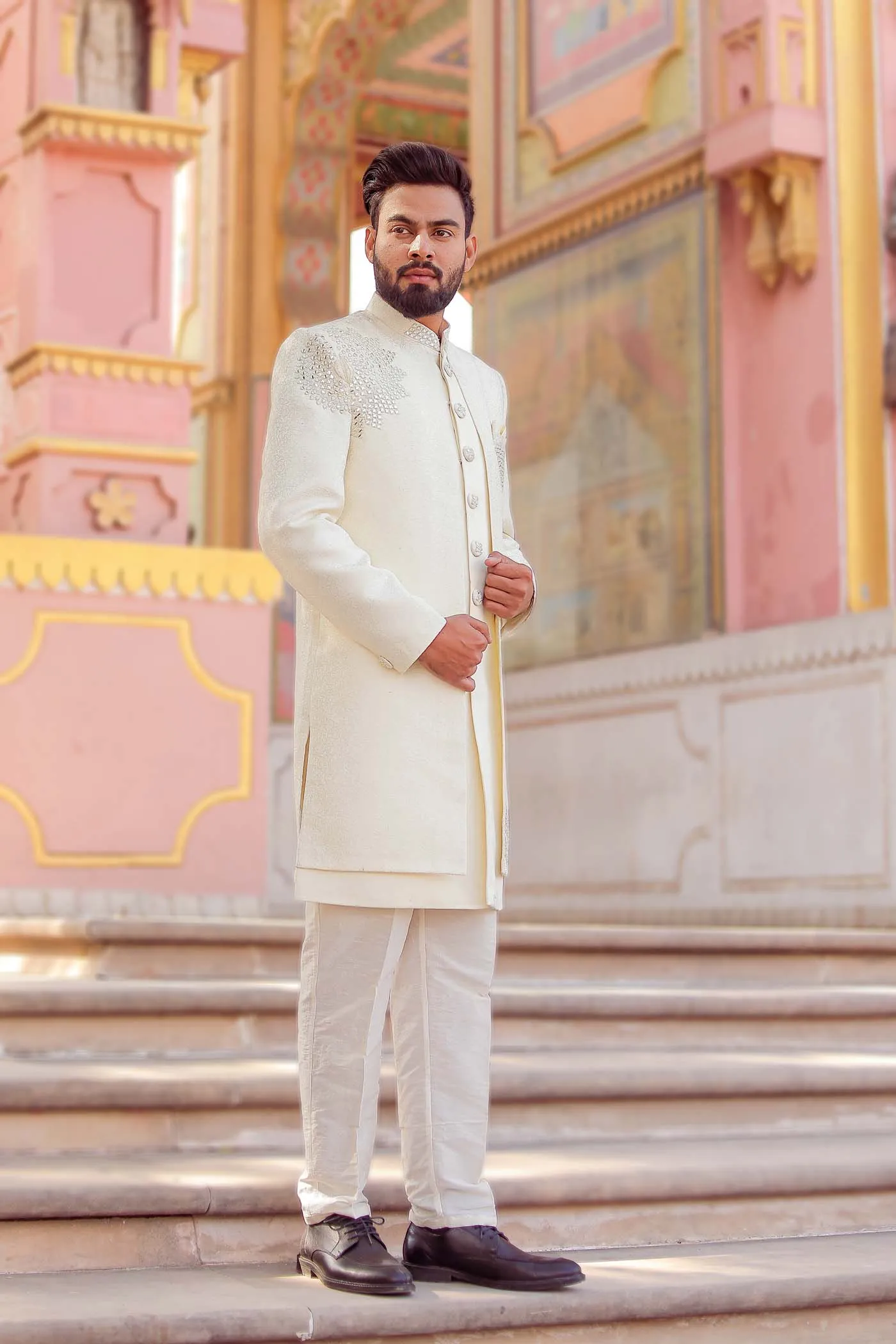 Ivory Brocade Silk Jacket Style Indo-wester Suit.