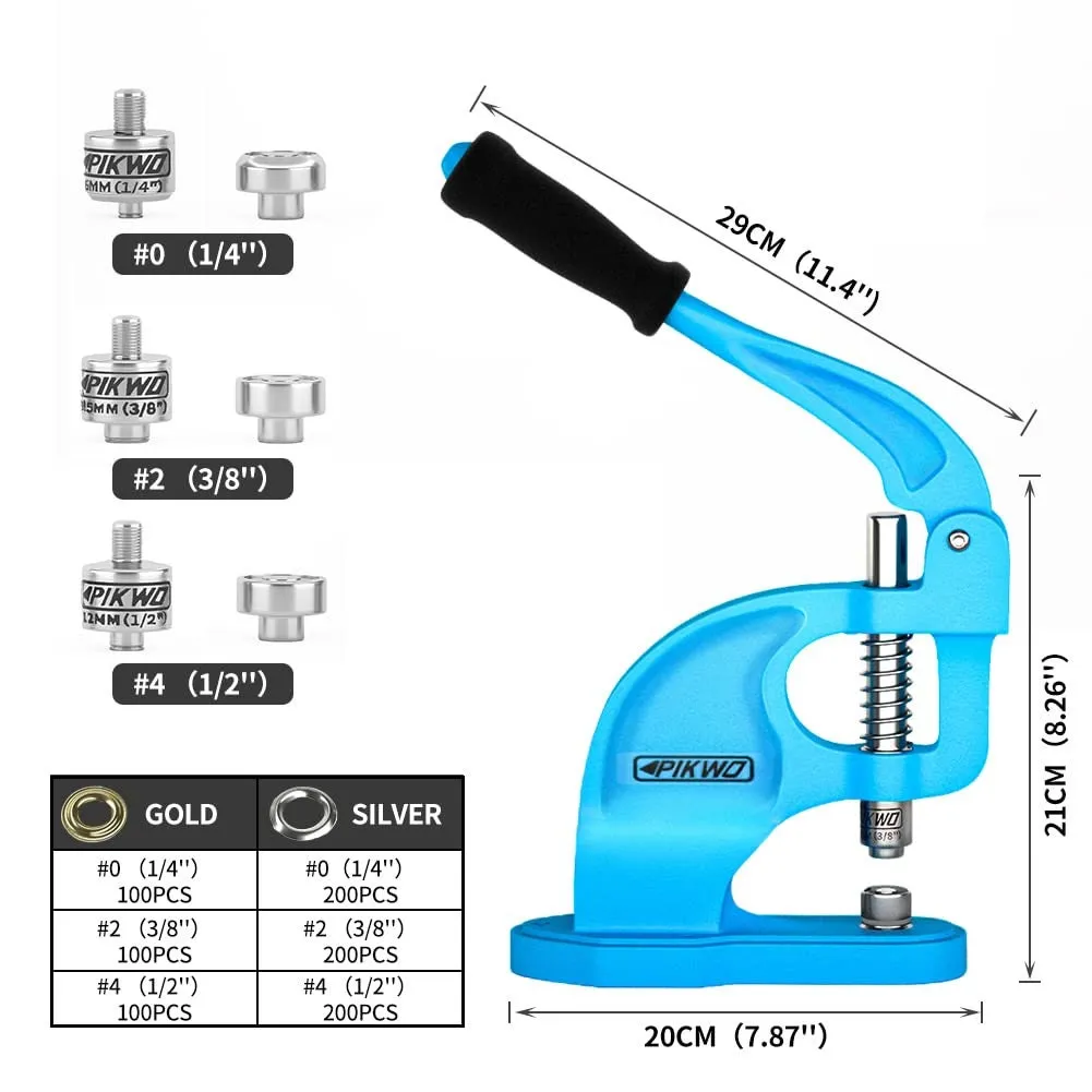 PIKWO Hand Press Heavy Duty Eyelet Grommet Machine Rivet Press Punch Tool Kit with 3 Dies and 900 Pcs Grommets Self Piercing Grommet Maker