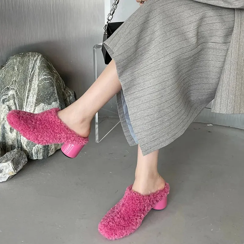 Sohiwoo  Warm Fur Women Mules Slippers Fashion Shallow Thick Heel Spring Autumn Ladies Elegant Party Dress Shoes