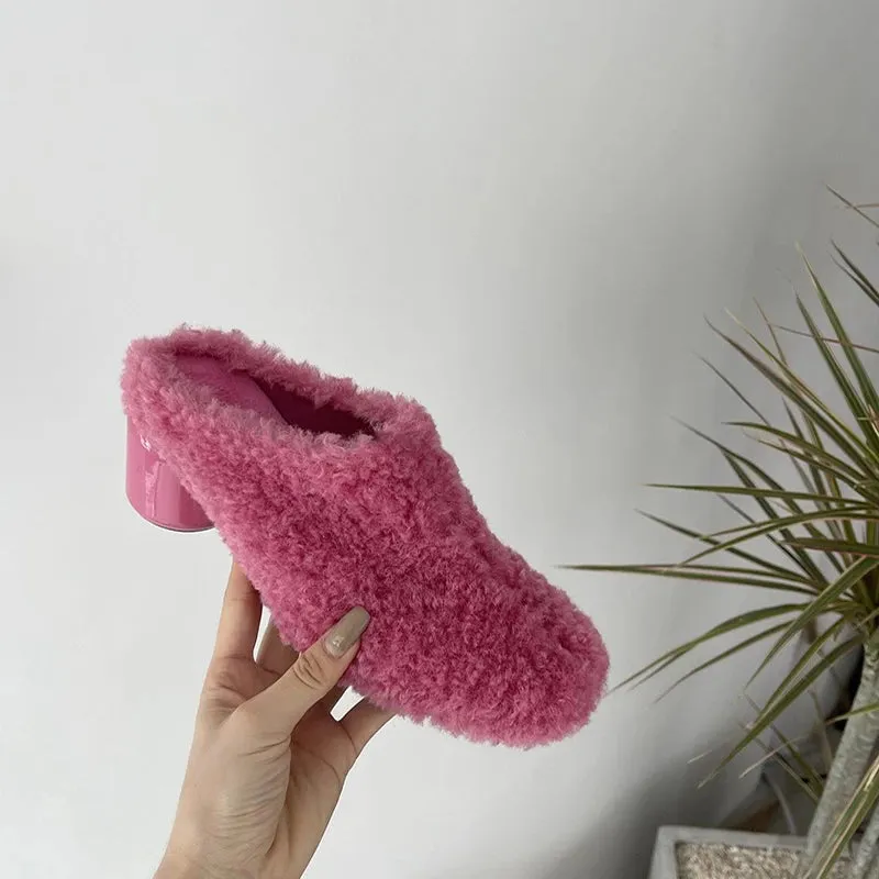 Sohiwoo  Warm Fur Women Mules Slippers Fashion Shallow Thick Heel Spring Autumn Ladies Elegant Party Dress Shoes