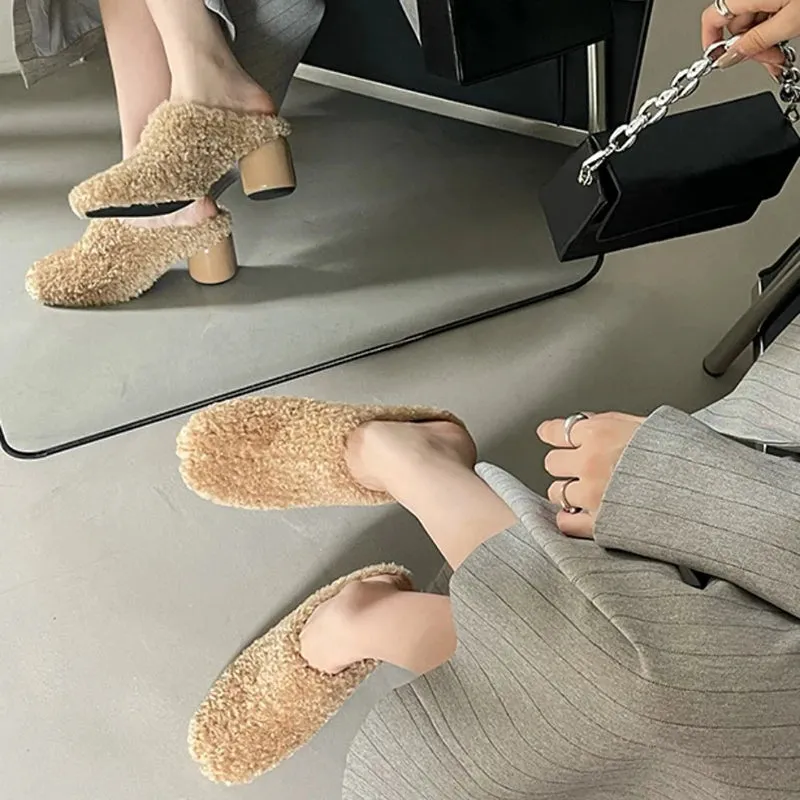 Sohiwoo  Warm Fur Women Mules Slippers Fashion Shallow Thick Heel Spring Autumn Ladies Elegant Party Dress Shoes