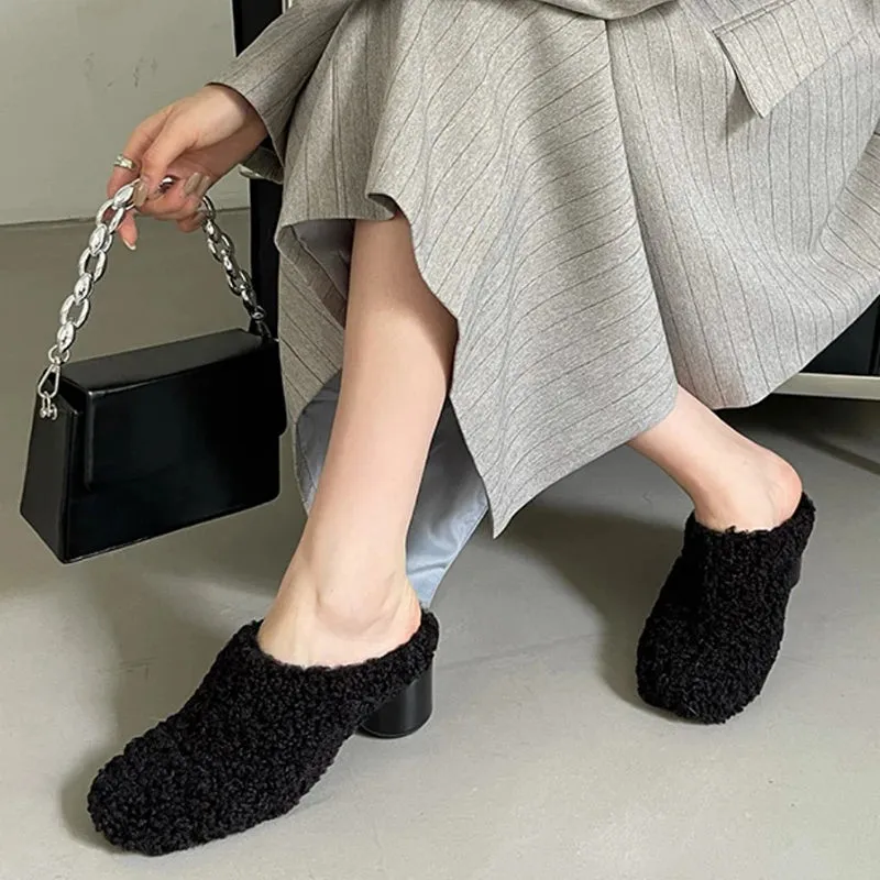 Sohiwoo  Warm Fur Women Mules Slippers Fashion Shallow Thick Heel Spring Autumn Ladies Elegant Party Dress Shoes