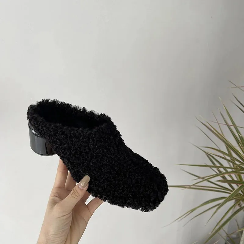 Sohiwoo  Warm Fur Women Mules Slippers Fashion Shallow Thick Heel Spring Autumn Ladies Elegant Party Dress Shoes
