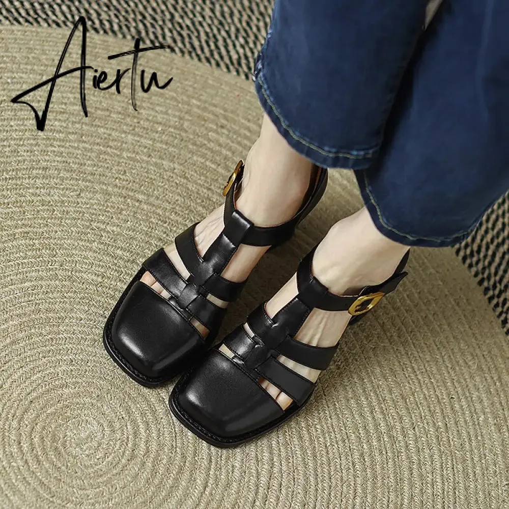 Summer New Shallow Rome Thick Med Heels Shoes Buckle Strap Genuine Leather Sandals Women Ladies Dress Shoes Women Sandals