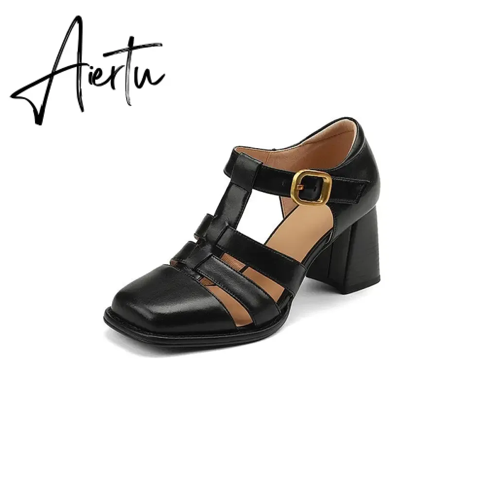 Summer New Shallow Rome Thick Med Heels Shoes Buckle Strap Genuine Leather Sandals Women Ladies Dress Shoes Women Sandals