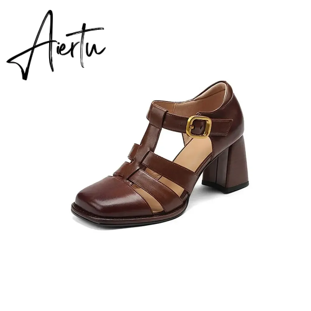 Summer New Shallow Rome Thick Med Heels Shoes Buckle Strap Genuine Leather Sandals Women Ladies Dress Shoes Women Sandals