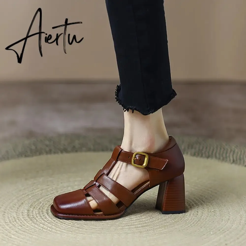 Summer New Shallow Rome Thick Med Heels Shoes Buckle Strap Genuine Leather Sandals Women Ladies Dress Shoes Women Sandals