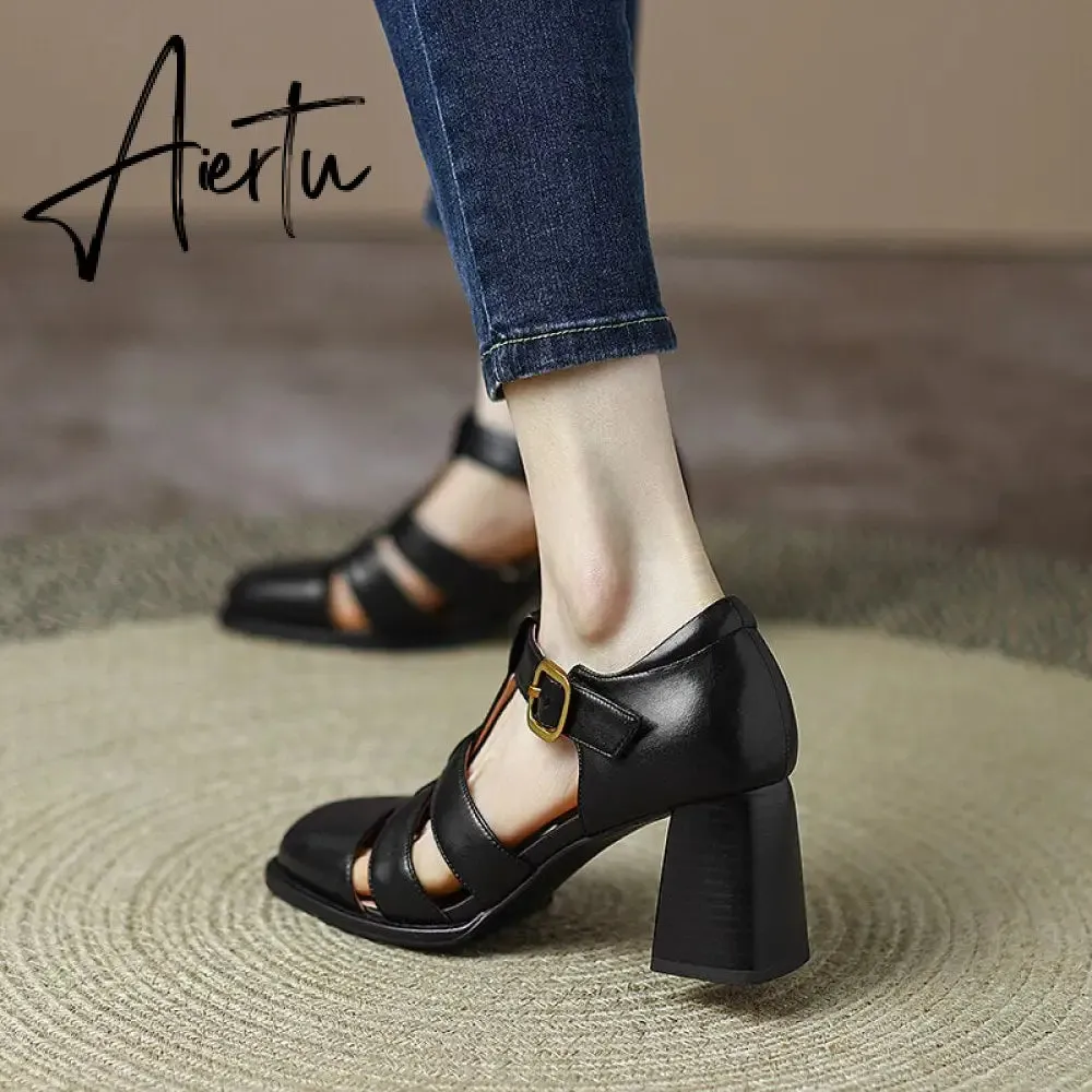 Summer New Shallow Rome Thick Med Heels Shoes Buckle Strap Genuine Leather Sandals Women Ladies Dress Shoes Women Sandals