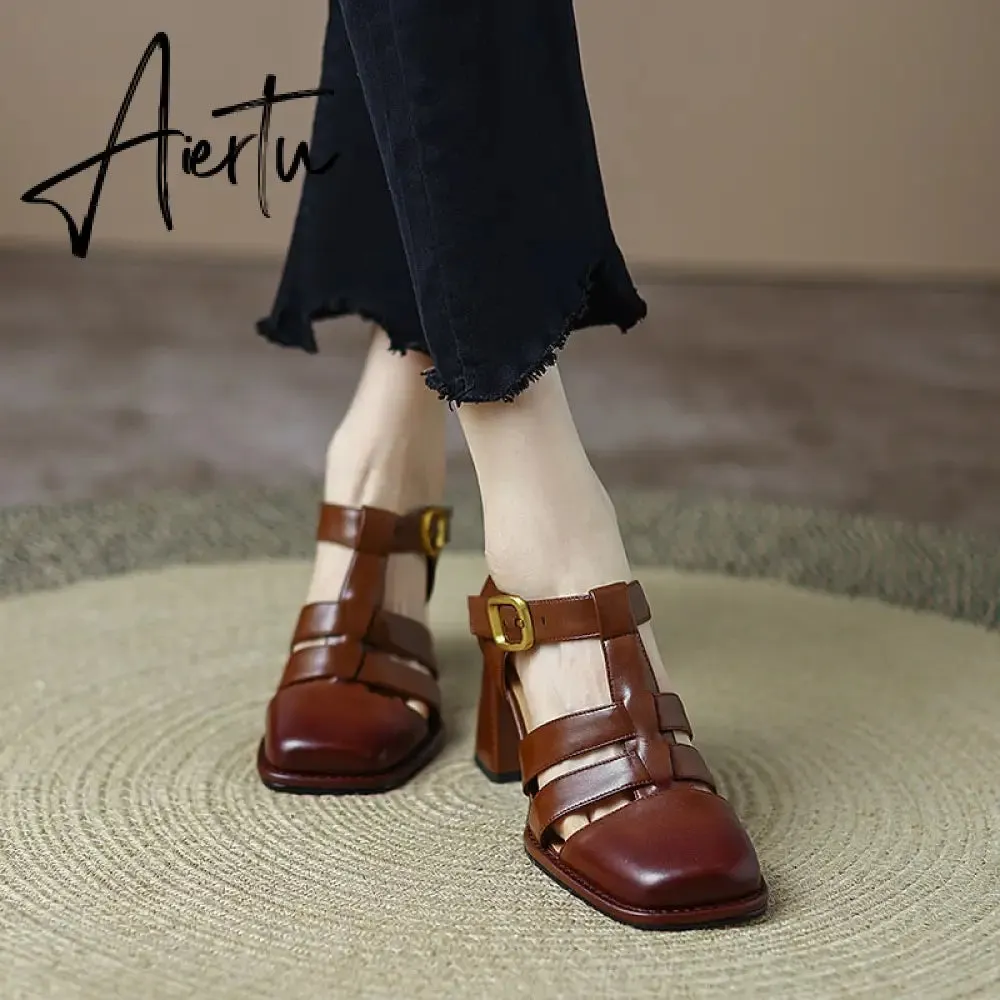 Summer New Shallow Rome Thick Med Heels Shoes Buckle Strap Genuine Leather Sandals Women Ladies Dress Shoes Women Sandals