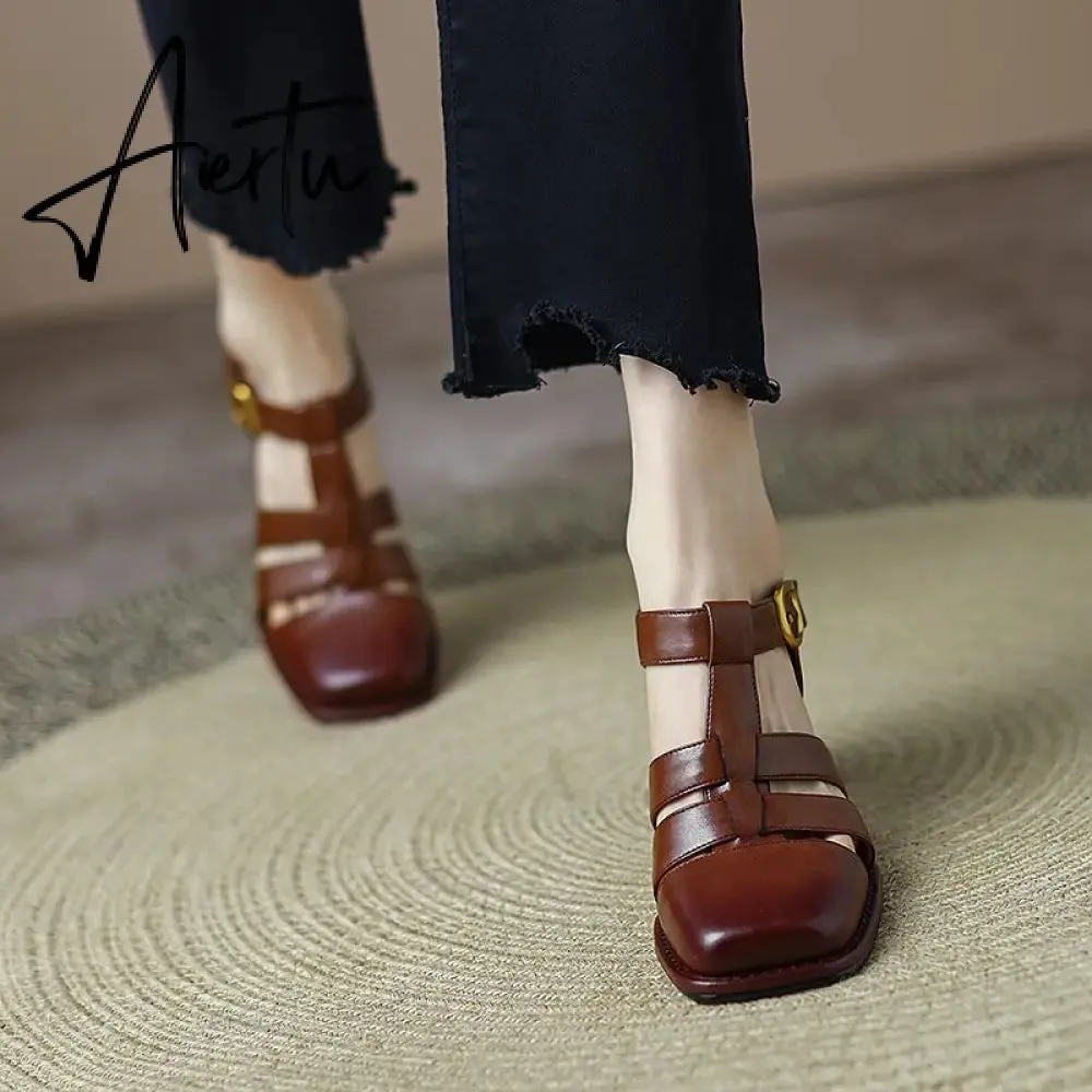 Summer New Shallow Rome Thick Med Heels Shoes Buckle Strap Genuine Leather Sandals Women Ladies Dress Shoes Women Sandals