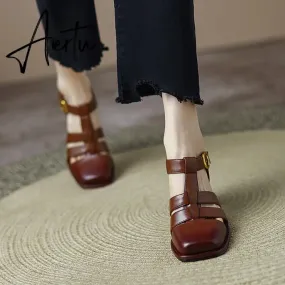 Summer New Shallow Rome Thick Med Heels Shoes Buckle Strap Genuine Leather Sandals Women Ladies Dress Shoes Women Sandals